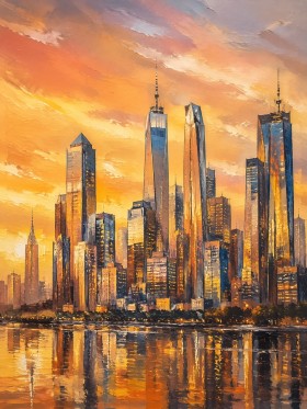 Goldene Skyline am Abend, Cityscape als Wandbild oder Acrylbild Goldene Skyline am Abend, Cityscape als Wandbild oder Acrylbild