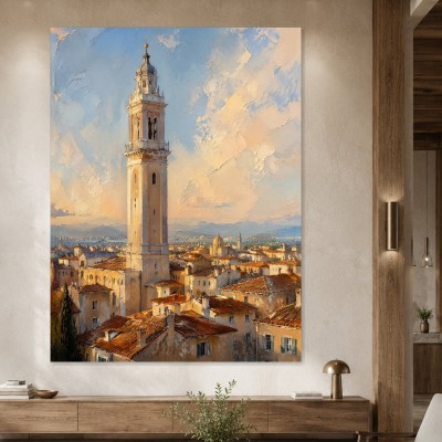 Sanfte Altstadt mit Turm als Leinwandbild oder Poster