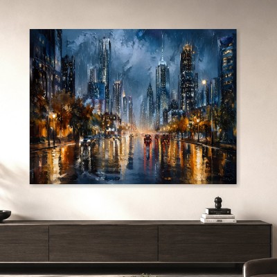 Nachtstadt im Regen als Modernes Wandbild oder Acrylbild