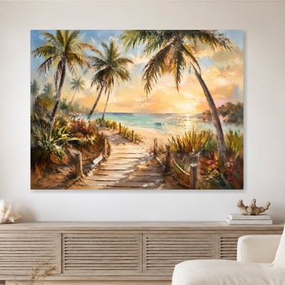 Tropischer Strandweg als Leinwand oder Poster in warmem Licht
