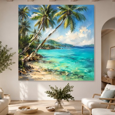 Tropische Lagune als Wandbild oder Leinwand mit Palmenufer