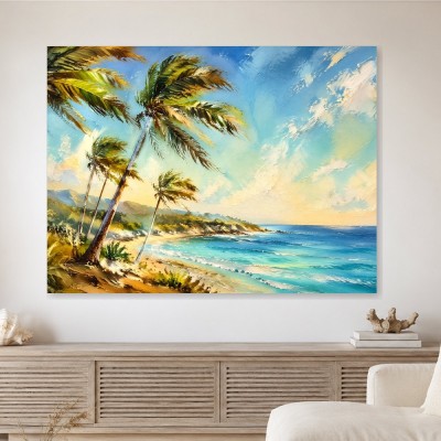 Tropische Küste als Leinwand oder Poster mit Palmenlicht