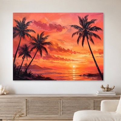 Sonnenuntergang am Meer als Leinwand oder Poster mit Palmen