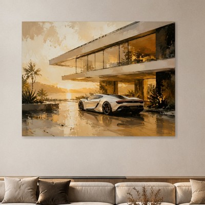 Luxus Wandbild oder Acrylbild mit modernem Sportwagen am Abend