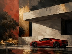 Roter Sportwagen vor moderner Architektur, Acrylbild oder Leinwand