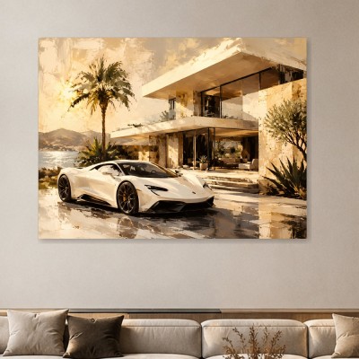 Luxuriöser Sportwagen am Küstenanwesen, Kunstwerk oder Acrylbild
