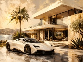 Luxuriöser Sportwagen am Küstenanwesen, Kunstwerk oder Acrylbild Luxuriöser Sportwagen am Küstenanwesen, Kunstwerk oder Acrylbild