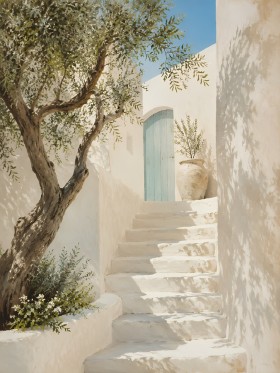 Mediterrane Treppe mit blauem Tor, Leinwand oder Poster