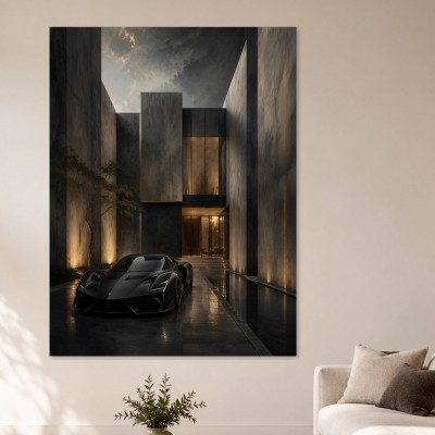 Dunkler Supersportwagen im Betonhof, Luxury Wandbild oder Fine Art Print