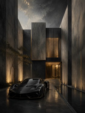Dunkler Supersportwagen im Betonhof, Luxury Wandbild oder Fine Art Print
