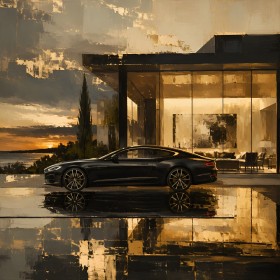 Luxuriöses Wandbild oder Fine Art Print mit Sportwagen am Sonnenuntergang
