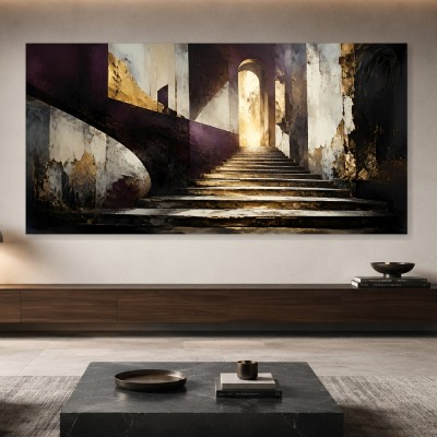 Abstraktes Wandbild oder Gallery Print mit goldenen Treppen und Licht