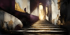 Abstraktes Wandbild oder Gallery Print mit goldenen Treppen und Licht