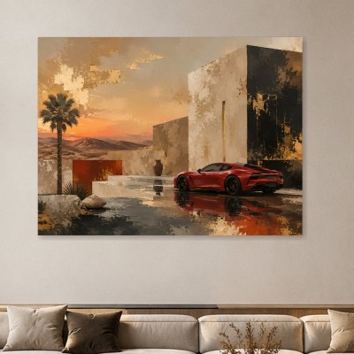 Roter Sportwagen im Sonnenuntergang, Modernes Wandbild oder Fine Art Print