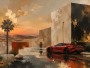 Roter Sportwagen im Sonnenuntergang, Modernes Wandbild oder Fine Art Print