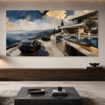 Luxuriöse Küstenvilla als Leinwand oder Poster mit moderner Weite