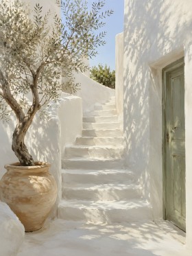 Mediterrane Treppe mit Olivenbaum, Leinwand oder Kunstdruck