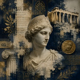 Antike Eleganz in Blau und Gold, Wandbild oder Kunstdruck
