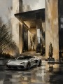 Luxus Wandbild und Acrylbild mit modernem Sportwagen vor architektonischer Kulisse