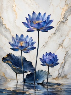 Blaue Lotusblüten als Wandbild oder Acrylbild in eleganter Harmonie