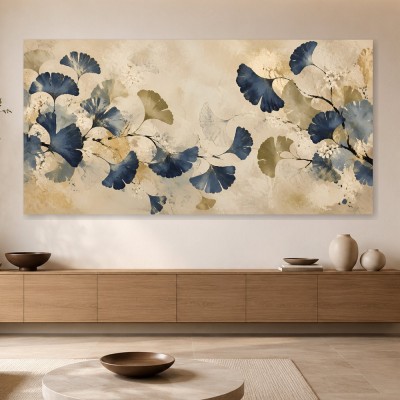 Ginkgo-Blätter in Blau und Gold als Acrylbild oder Kunstdruck