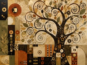 Abstraktes Wandbild oder Kunstdruck mit stilisiertem Baummotiv