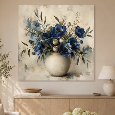 Blaue Blüten im Keramikgefäß, Leinwand oder Kunstdruck