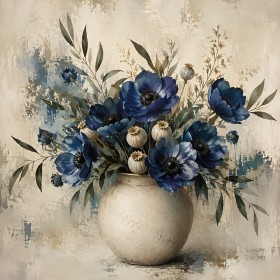 Blaue Blüten im Keramikgefäß, Leinwand oder Kunstdruck