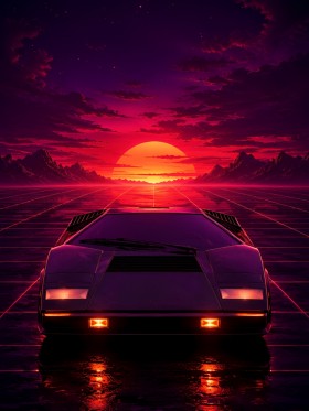 Retro Supercar im Neonhimmel, Poster oder Fine Art Print