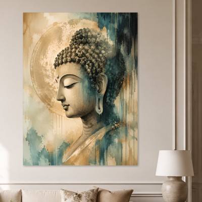 Buddha als Wandbild oder Acrylbild in ruhiger Gold-Blau-Ästhetik