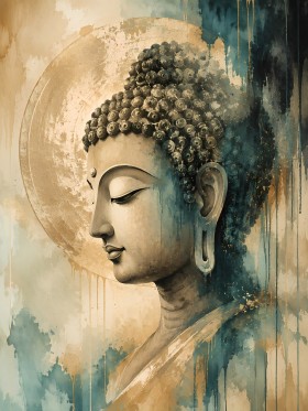 Buddha als Wandbild oder Acrylbild in ruhiger Gold-Blau-Ästhetik
