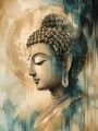 Buddha als Wandbild oder Acrylbild in ruhiger Gold-Blau-Ästhetik