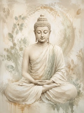 Meditativer Buddha als Kunstwerk oder Wandbild in sanften Naturtönen