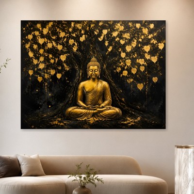Goldener Buddha unter Herzblättern, Wandbild oder Kunstdruck