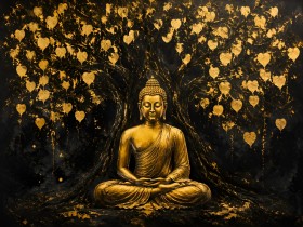 Goldener Buddha unter Herzblättern, Wandbild oder Kunstdruck