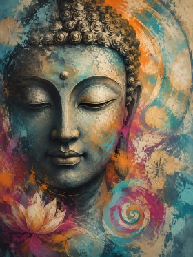 Buddha Kunstwerk oder Wandbild in leuchtender Farbkomposition