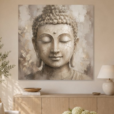 Meditativer Buddha als Leinwand oder Acrylbild in sanften Naturtönen