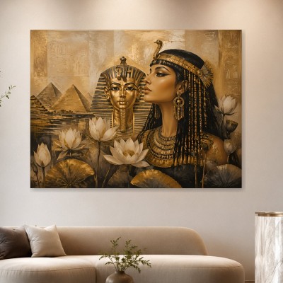 Ägyptische Königin im Goldton, Kunstwerk oder Wandbild mit Lotusdetails