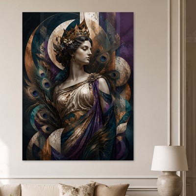 Elegante Frau mit Pfauenfedern als Kunstwerk oder Wandbild