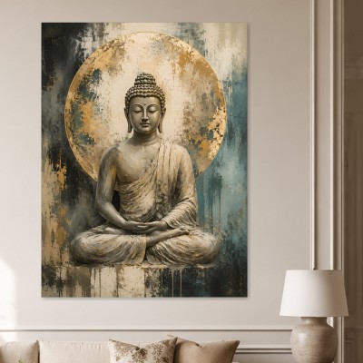 Meditativer Buddha Kunstdruck oder Acrylbild in Gold und Petrol
