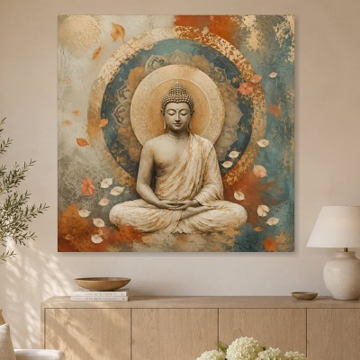 Meditativer Buddha als Leinwand oder Acrylbild in warmen Erdtönen