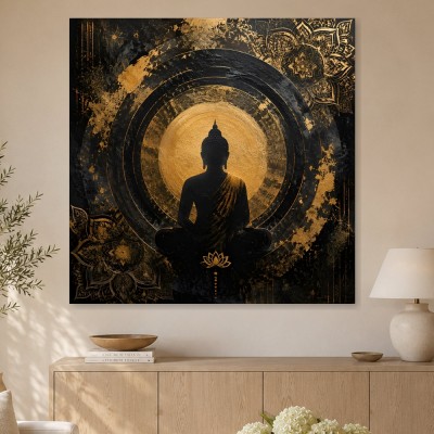Buddha Silhouette als Wandbild oder Acrylbild in Gold und Schwarz