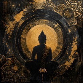 Buddha Silhouette als Wandbild oder Acrylbild in Gold und Schwarz