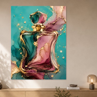Luxuriöses Flakon Kunstwerk und Acrylbild in Türkis und Gold