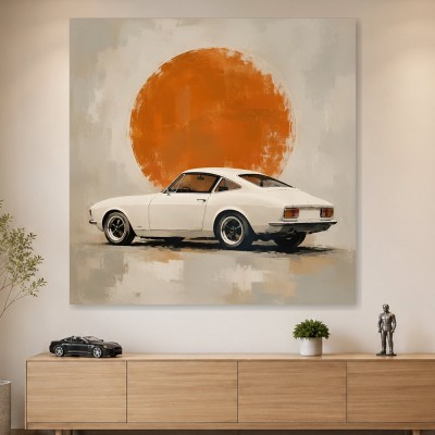 Klassischer Sportwagen vor orangefarbener Sonne, Leinwand oder Poster