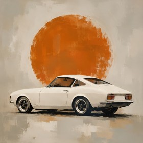 Klassischer Sportwagen vor orangefarbener Sonne, Leinwand oder Poster