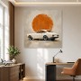 Klassischer Sportwagen vor orangefarbener Sonne, Leinwand oder Poster