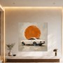 Klassischer Sportwagen vor orangefarbener Sonne, Leinwand oder Poster