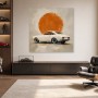 Klassischer Sportwagen vor orangefarbener Sonne, Leinwand oder Poster