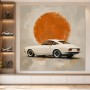 Klassischer Sportwagen vor orangefarbener Sonne, Leinwand oder Poster